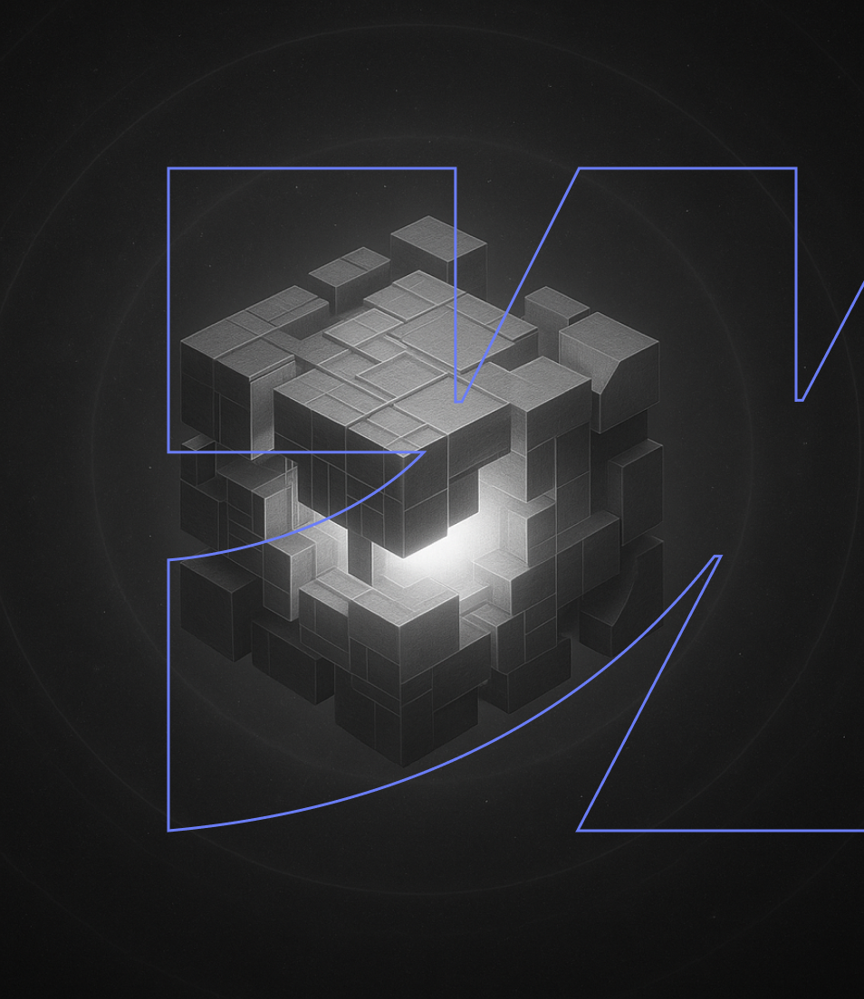 Glowing geometric cube on dark background